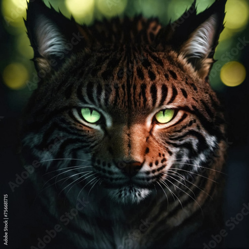 Hybrid animal generated by artificial intelligence between lynx and leopard. Shocking look of a feline in the dark. Fictional animal.