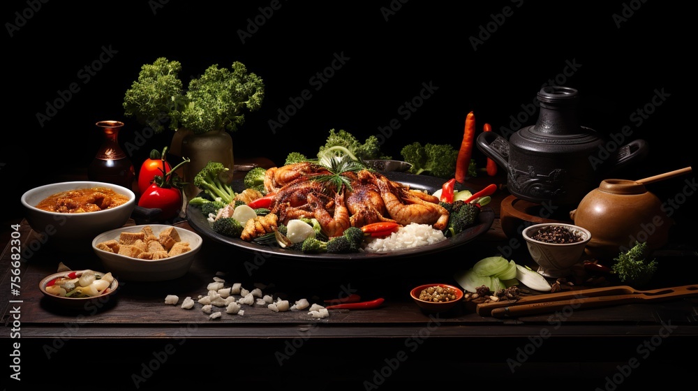 Assorted Chinese food set. Chinese noodles, fried rice, dumplings, duck, dim sum, spring rolls. Famous Chinese cuisine dishes on table. Top view. Chinese restaurant concept. Asian style banquet Assorted Chinese food set. Chinese noodles, fried rice, dumplings, duck, dim sum, spring rolls. Famous Chinese cuisine dishes on table. Top view. Chinese restaurant concept. Asian style banquet