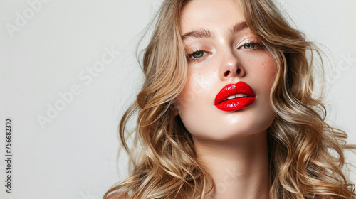 Elegant Woman with Bold Red Lipstick and Curly Hair