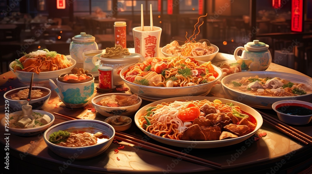 Assorted Chinese food set. Chinese noodles, fried rice, dumplings, duck, dim sum, spring rolls. Famous Chinese cuisine dishes on table. Top view. Chinese restaurant concept. Asian style banquet