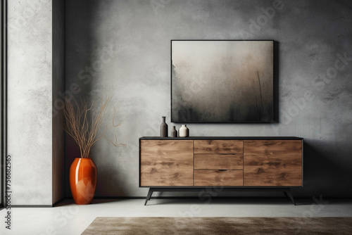 Contemporary interior with a wooden cabinet and dresser set against a textured concrete wall. A vacant poster frame offers a canvas for your artistic expression.
