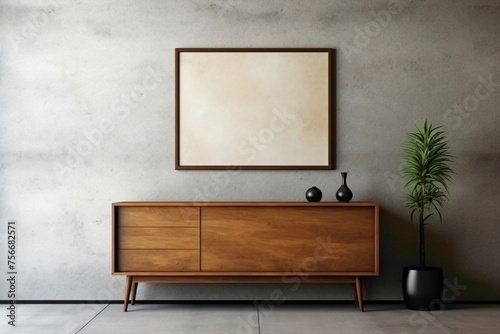 Contemporary interior with a wooden cabinet and dresser set against a textured concrete wall. A vacant poster frame offers a canvas for your artistic expression.