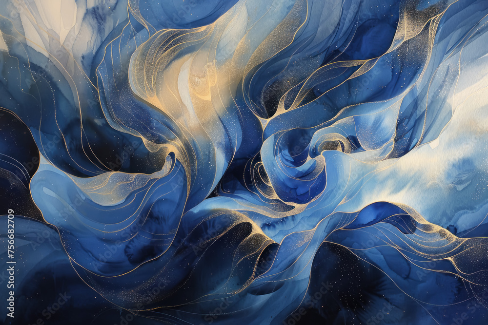 The painting is a beautiful blue and gold swirl of water
