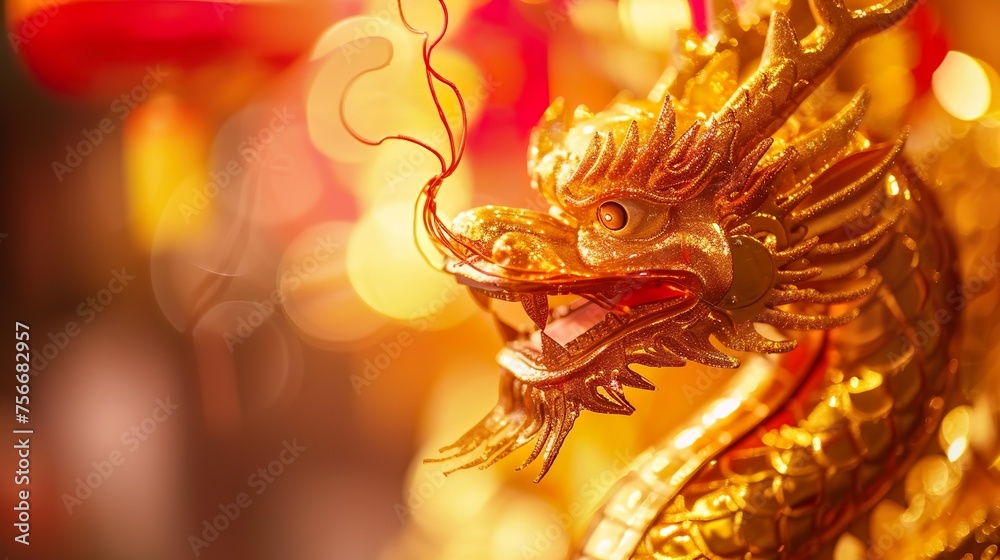 Fototapeta premium Oriental traditional Dragon artwork on red background. Lunar New Year Celebration