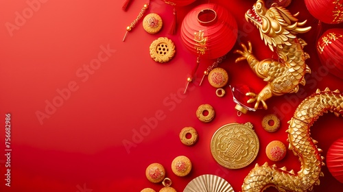 Oriental traditional Dragon artwork on red background. Lunar New Year Celebration