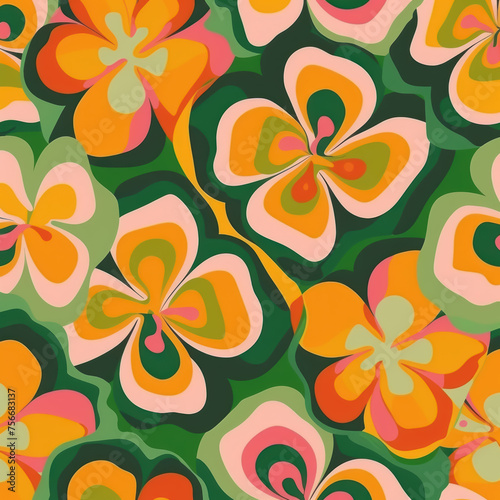 A colorful floral pattern with green and orange flowers