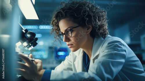 Confident female scientist with glasses is smiling at the camera, standing in a laboratory with a microscope and other scientific equipment in the background.