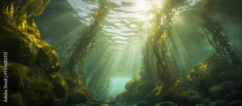 The sunlight filters through the oceans trees  creating a mesmerizing display of light and shadow on the waters surface