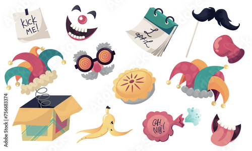 April fools day icons set over white background, colorful and flat style design, vector illustration. April 1, set of jester's hat, pie, calendar, mask, glasses, smiles, fart pillow. Fun, holidays