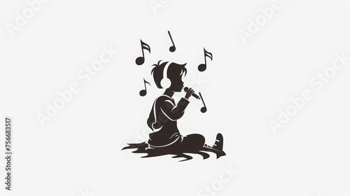 simple minimal logo of a kid and music, vector, cutout, black and white, white background, copy space, 16:9