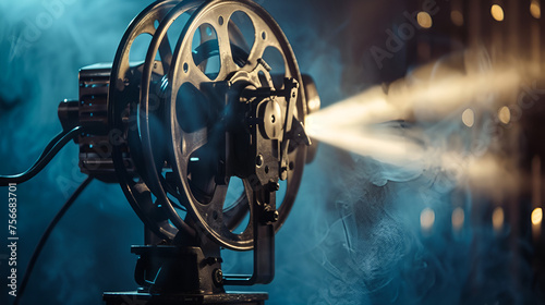 film projector on a wooden background with dramatic lighting and selective focus Old style movie projector, close-up, Generative Ai photo