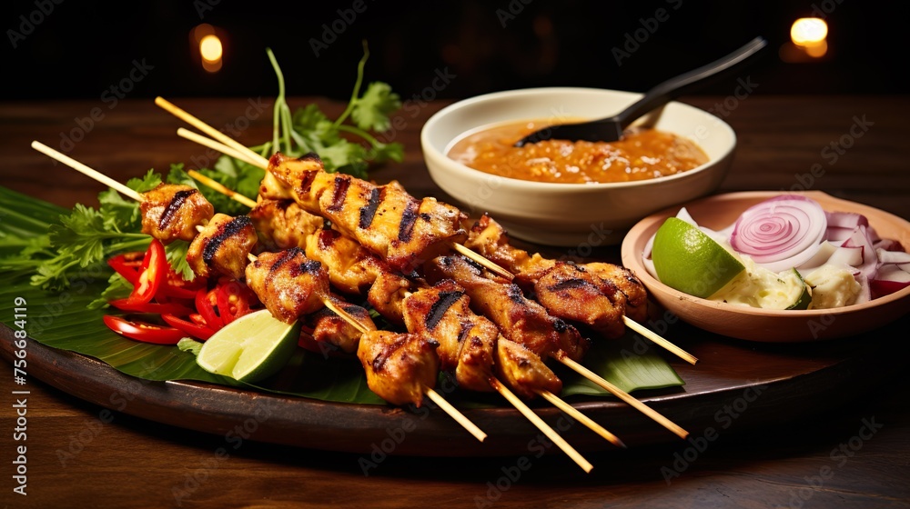 Grilled chicken satay skewers with peanut butter sauce. Grilled chicken satay skewers with peanut butter sauce.