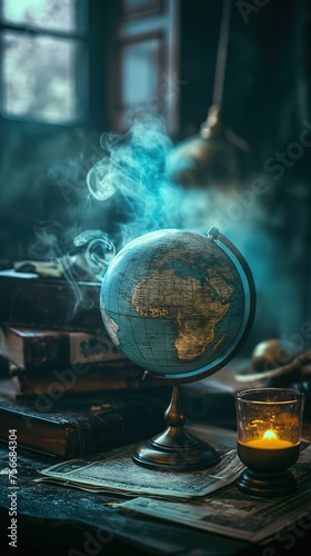 earth globe on desk with stack of vintage books idea for dream exploration and adventure , antique atmosphere with mysterious smoke drifting around, Generative Ai photo