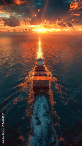 Photo cargo ship with containers on the ocean sunset