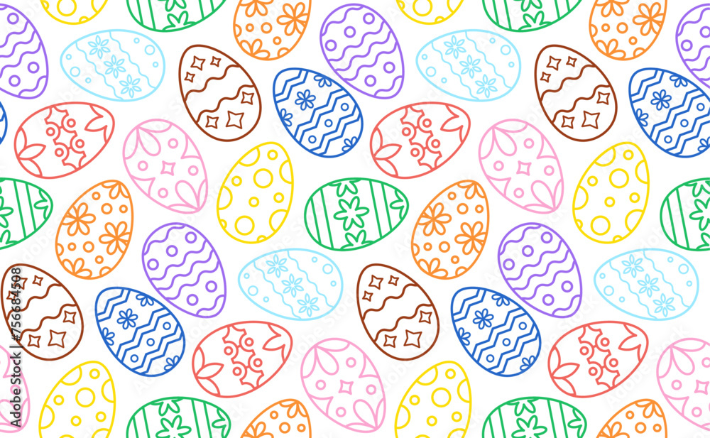Easter seamless pattern with flat line icons of painted eggs isolated on transparent background. Egg hunt vector illustration for printing on fabric, paper for scrapbooking, gift wrap and wallpapers.