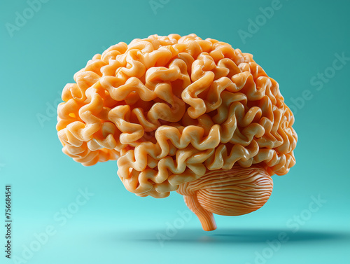 Thinking of eating pasta with a human brain made of noodles on a bright turquoise background