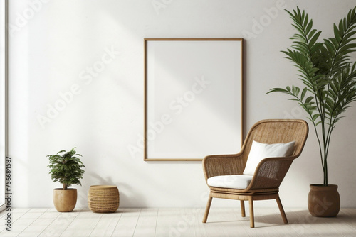 Discover the bohemian ambiance of a contemporary living space featuring a wicker chair, floor vases, and a blank mockup poster frame against a pure white wall.