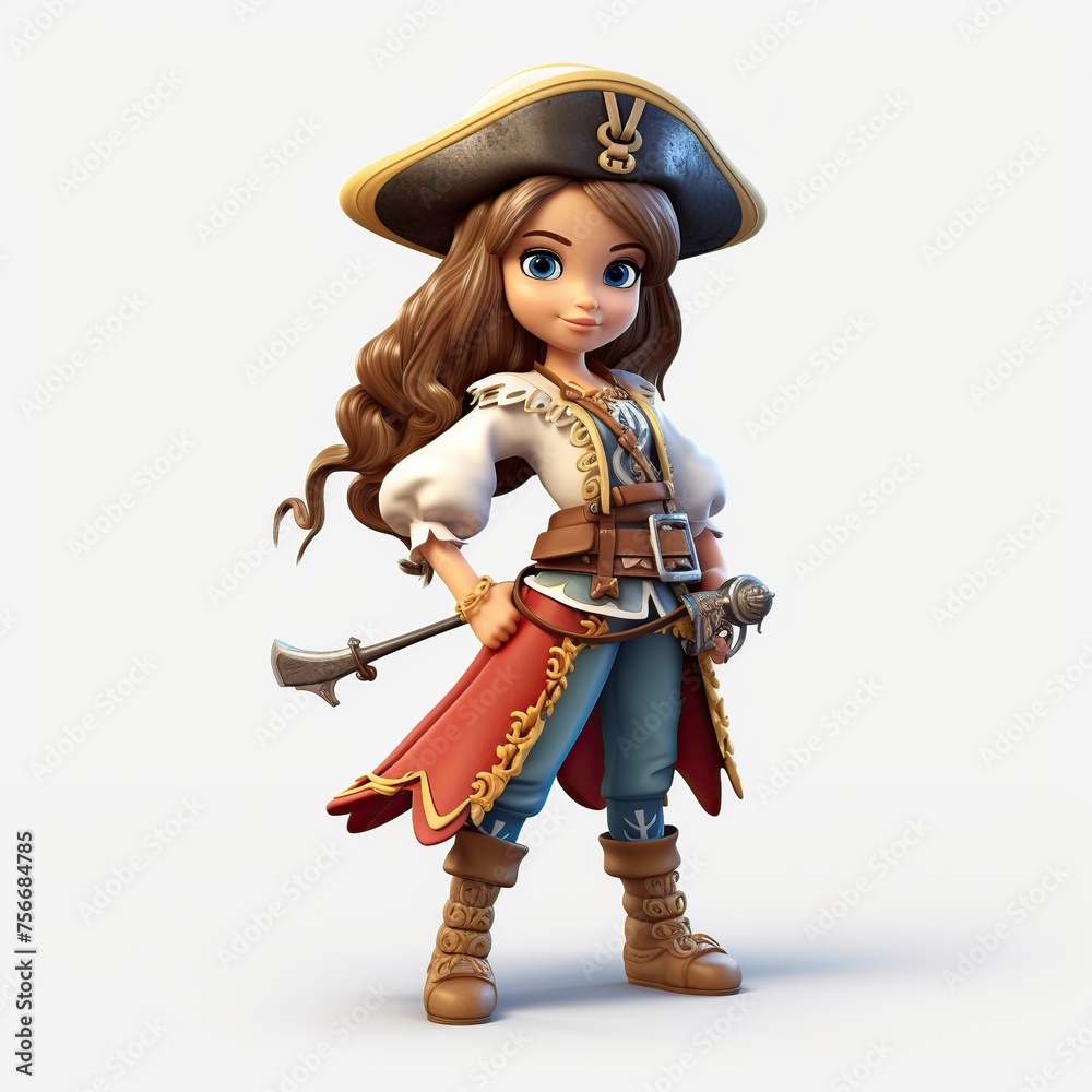 Fototapeta premium 3D cartoon illustration, a girl pirate