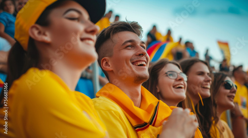 Romanian football soccer fans in a stadium supporting the national team 