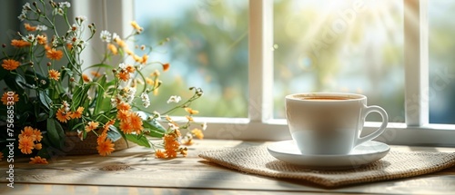 A cup of freshly made coffee stands against a window on the table