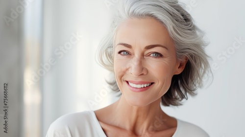 A woman with a short gray hair and a white shirt is smiling