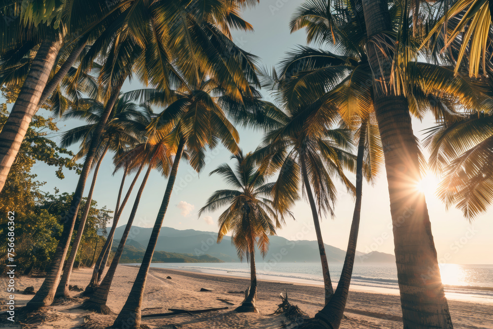 Palm Tree Paradise, Sunset Glow on the Seashore