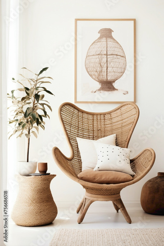 Dive into the bohemian atmosphere modern living area, wicker chair, floor vases, and a blank mockup poster frame against a crisp white wall.