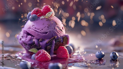 Berry ice cream sprinkled with fresh raspberries and blueberries, colorful and delicious dessert, healthy food