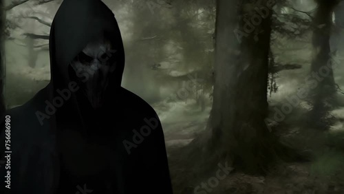 Shadowy scary figure in a black hood exudes menace in a misty, aged forest, conjuring a chilling, supernatural atmosphere ideal for thriller, horror or fantasy genres  photo
