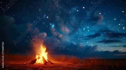 Camping fire under the amazing blue starry sky with a lot of shining stars and clouds. Travel recreational outdoor activity concept. © Damerfie