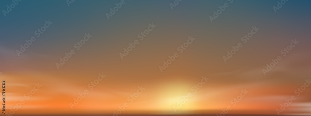 Sky Blue with cloud background,Vector Horizon beach sunset with yellow,pink,orange pastel in Spring,Panorama beautiful Nature morning sunrise sky in Summer,Banner landscape background..