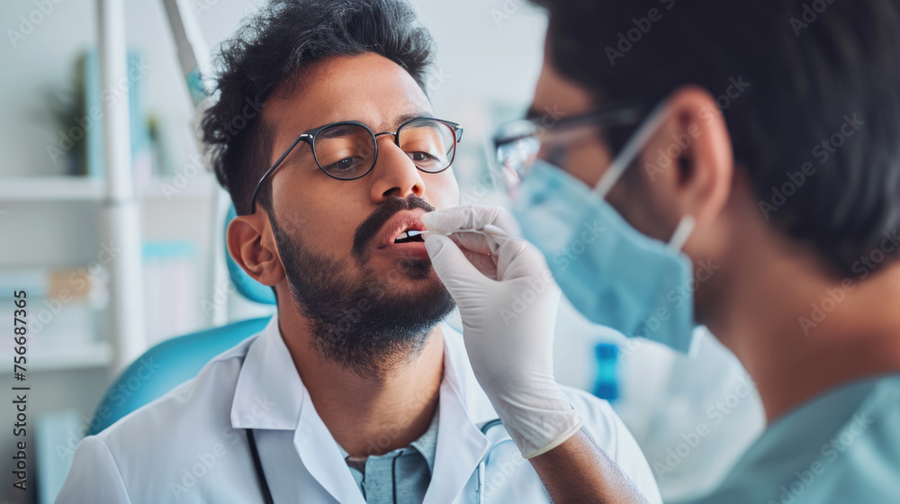 Healthcare professional in protective gear taking a nasal swab from a patient for a COVID-19 test. - obrazy, fototapety, plakaty 