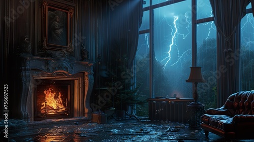 fireplace in thunderstorm cozy home outside bad weather background
