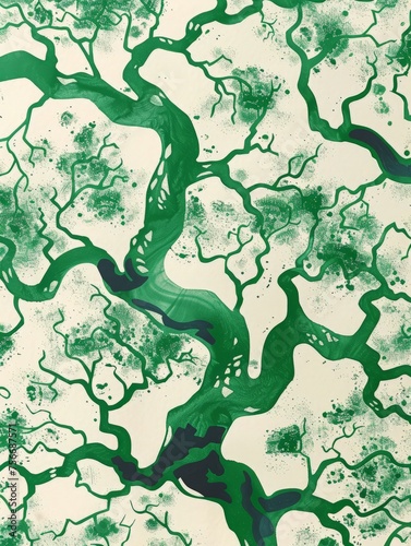 A vibrant painting featuring a flowing river in shades of green and white.