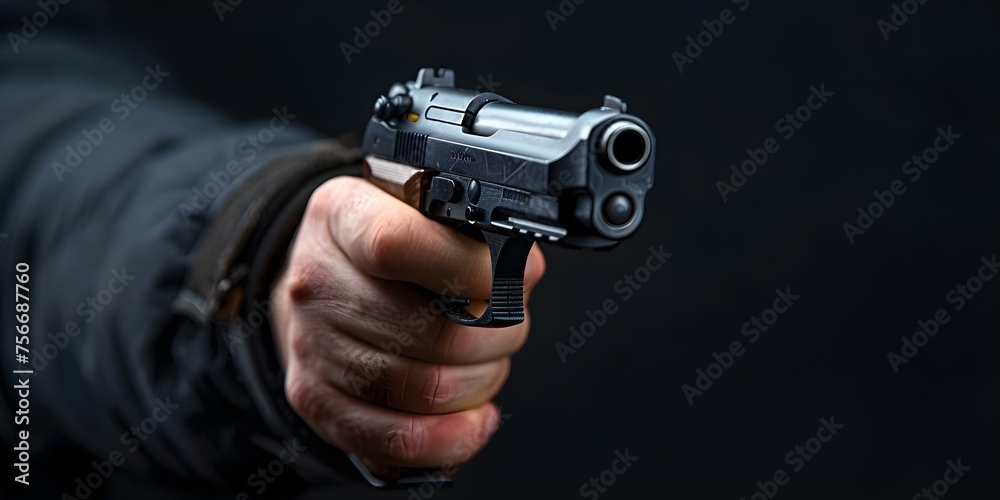 Closeup of a hand gripping a firearm suitable for themes of security . Concept Crime prevention, Protection, Firearms safety, Self-defense awareness, Security awareness Closeup of a hand gripping a firearm suitable for themes of security . Concept Crime prevention, Protection, Firearms safety, Self-defense awareness, Security awareness