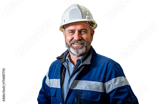 Portrait of a worker or industrial engineer wearing a hard hat and worker uniform in a factory plant or refinery. Image with no background. Generative AI