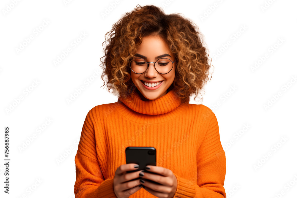 Curly haired woman smiling while typing on her smartphone. Image without background. Generative AI Curly haired woman smiling while typing on her smartphone. Image without background. Generative AI
