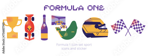 Formula 1 set. Tire, car, helmet, f1 simulator, wheel, lights out. Speed racing tournament. Formula One championship. Motorsport concept. Vector modern Illustration isolated on background