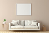 Envision a cozy setup with a single beige and Scandinavian sofa and a white blank empty frame for copy text, against a soft color wall background.