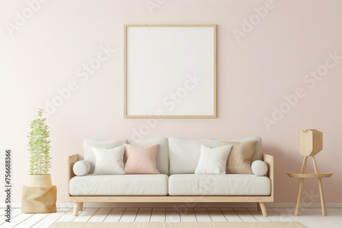 Envision a peaceful setting with a beige and Scandinavian sofa and a white blank empty frame for copy text, against a soft color wall background. © Haider