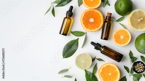 Natural cosmetics concept, fresh ingredients for skin treatment vitamin C serum, flat lay Close-up of capsules over white background, Generative Ai photo
