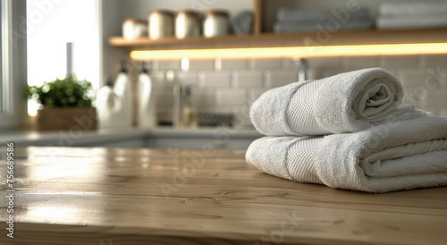 Stack of Towels on Wooden Table