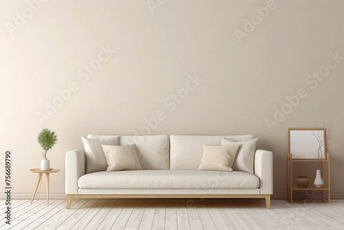 Envision a serene scene with a single beige and Scandinavian sofa accompanied by a white blank empty frame for copy text, against a soft color wall background. © Haider