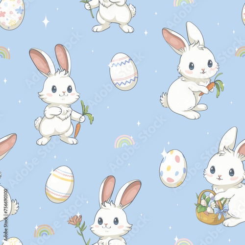 Seamless pattern with white bunnies and Easter eggs