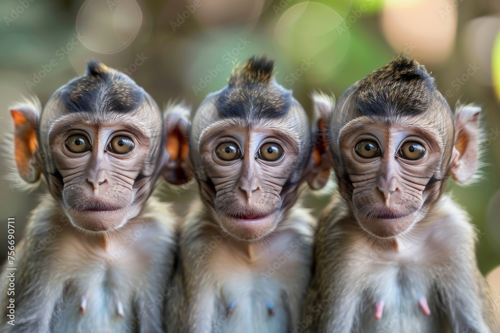 These monkeys pose, dimensions of their faces blurred, encapsulating the essence of wildlife and mystery in nature These monkeys pose, dimensions of their faces blurred, encapsulating the essence of wildlife and mystery in nature