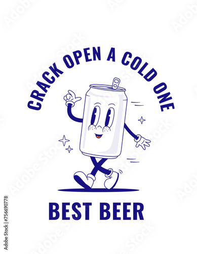 Retro cartoon beer can character vector illustration. Vintage funny bottle mascot. Poster for bar, restaurant, shop
