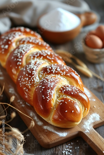 Traditional Greek Tsoureki Bread Braided with Sesame Seeds on Wooden Board. photo