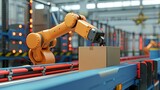 Automated artificial inteligence robot arm packing cartoboard boxes in warehouse factory