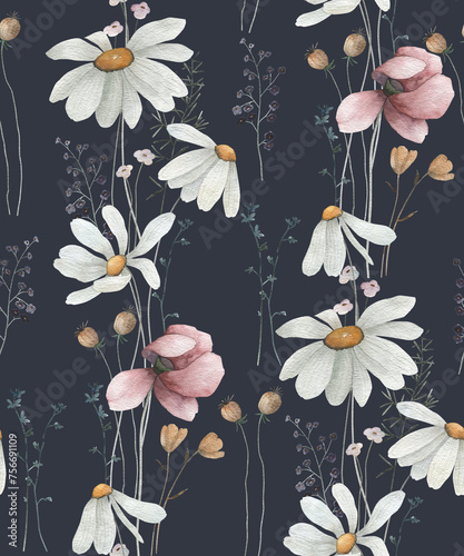 Watercolor seamless pattern with flowers . Hand drawn flortal illustration on gray background