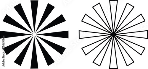 Sunburst element radial stripes or sunburst backgrounds icons set. Collection of rays design. Retro stars black vector isolated on transparent. Editable stock line and flat geometric sunburst symbol.